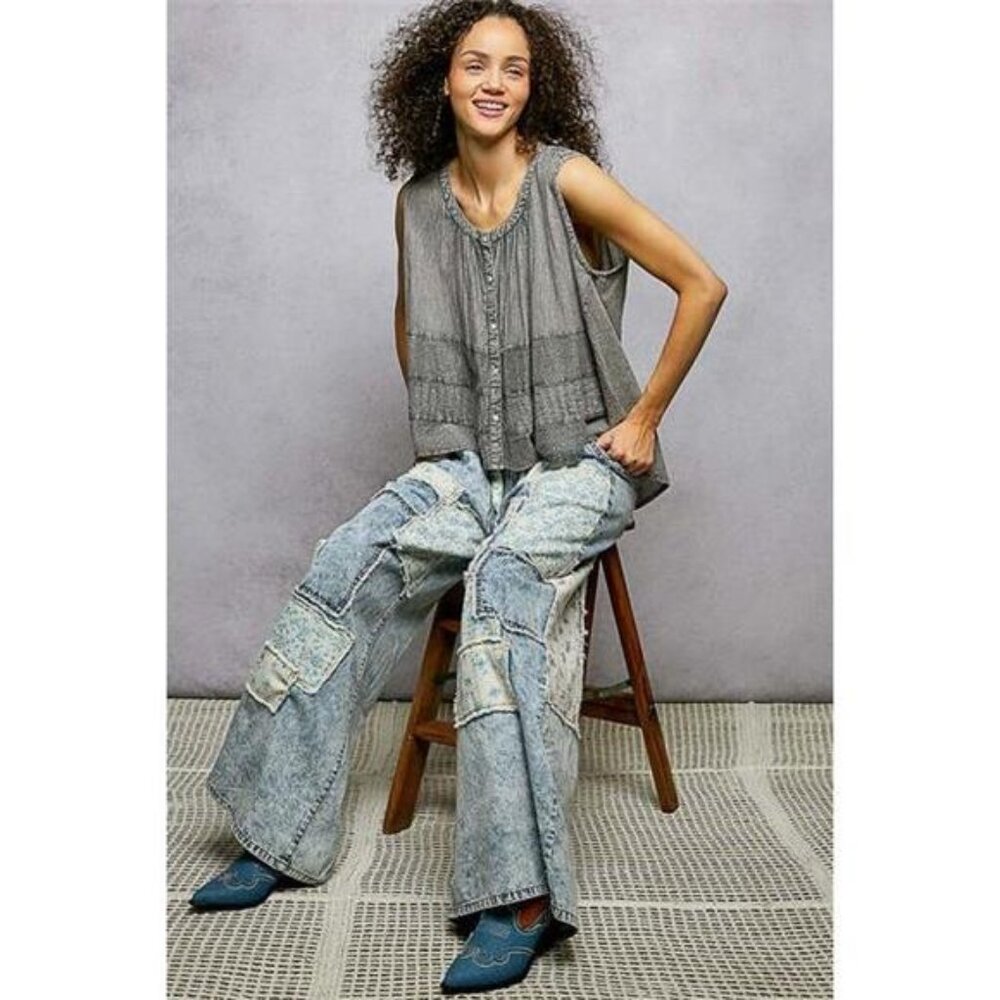 POL Button Down Round Neck Tank with‎ Crochet Contrast - Picture 7 of 8